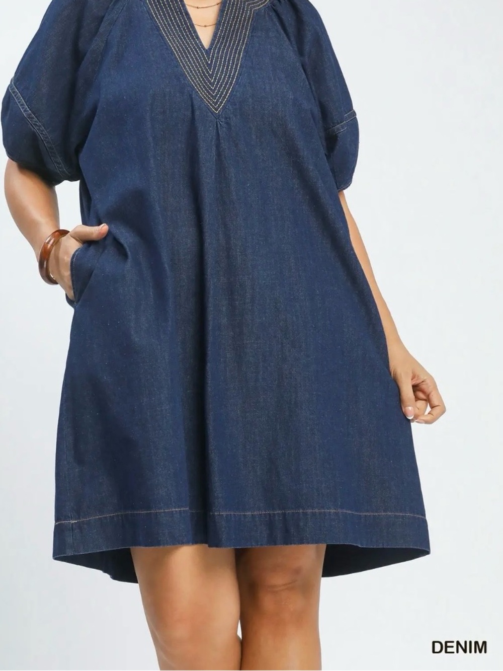 New!Umgee Plus Size Denim Pocket Puff Sleeve Contrast Mini Dress Size 2X - Picture 8 of 8